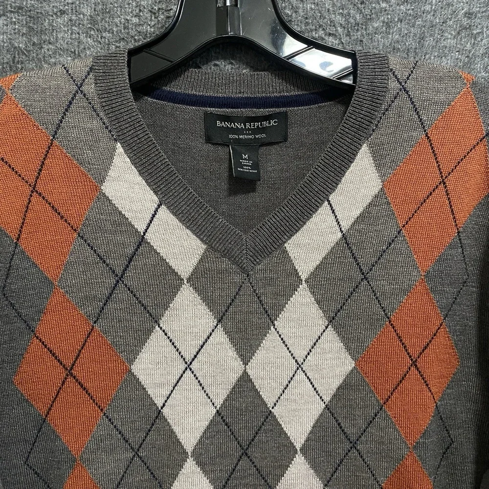 NEW Banana Republic Argyle Merino Wool Sweater Mens Medium Brown Preppy Academia